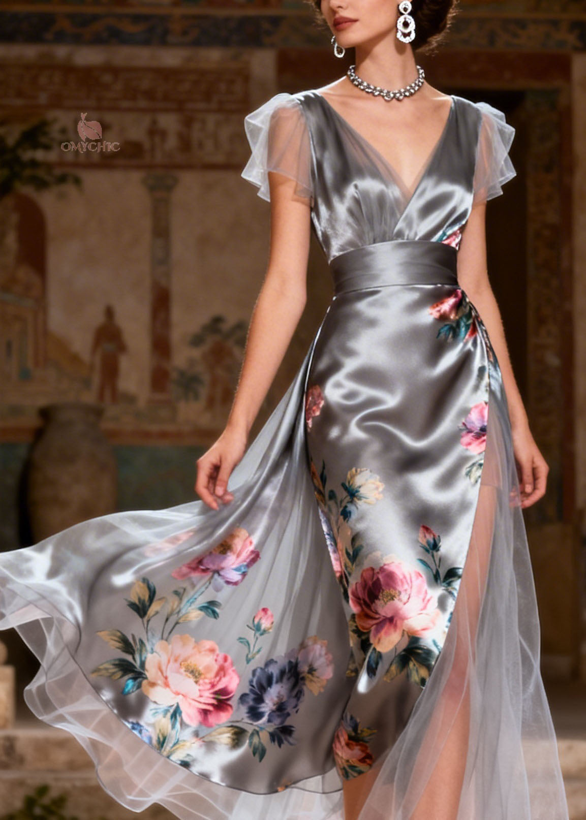 Satin Floral Print Deep V-Neck Flutter Sleeve Midi Dress - View 2