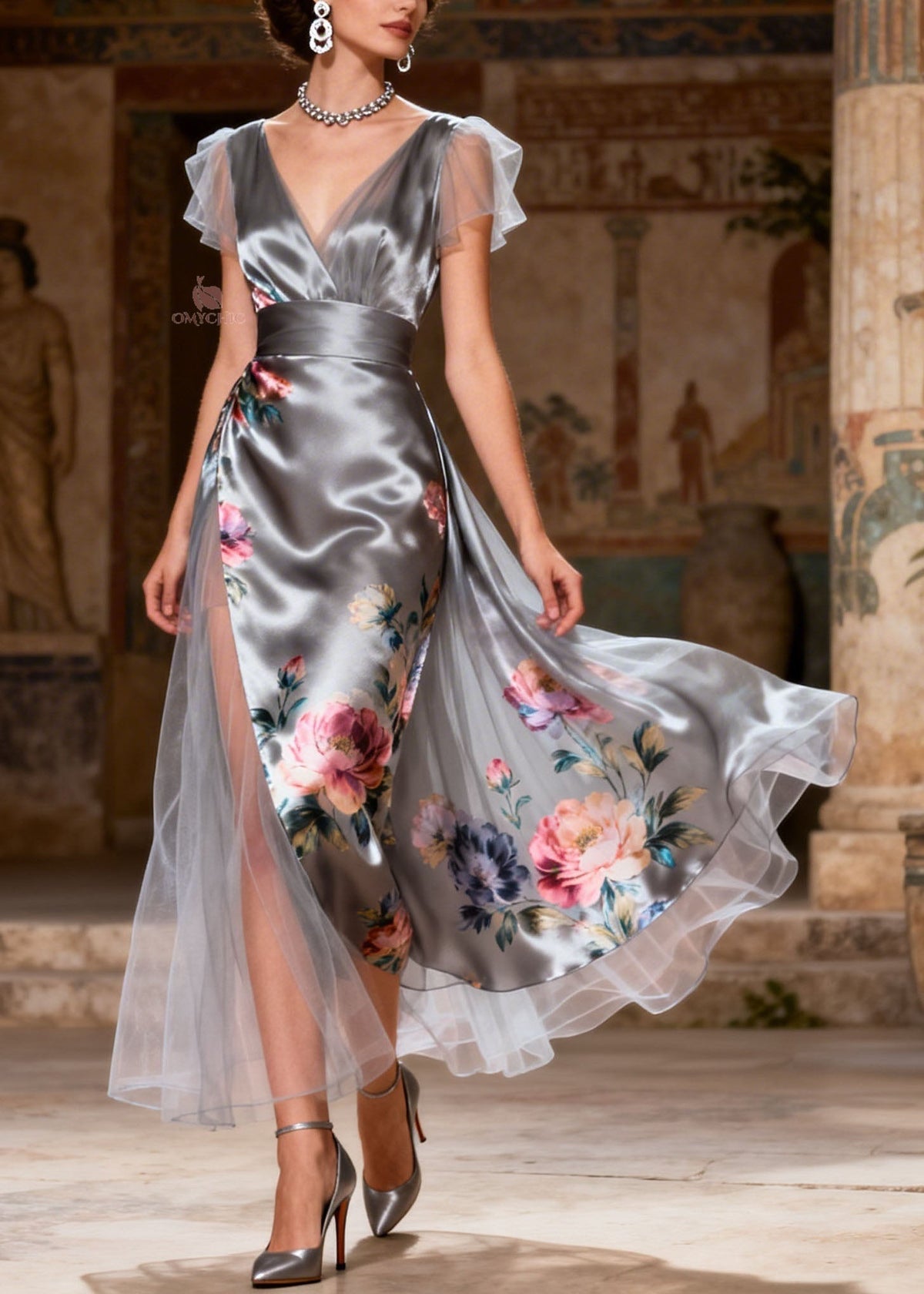 Satin Floral Print Deep V-Neck Flutter Sleeve Midi Dress - View 3