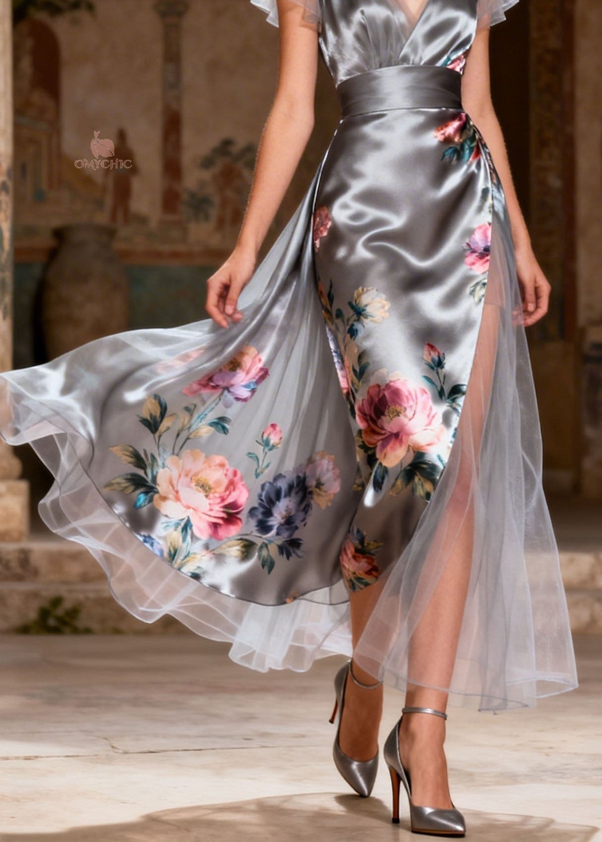 Satin Floral Print Deep V-Neck Flutter Sleeve Midi Dress - View 4