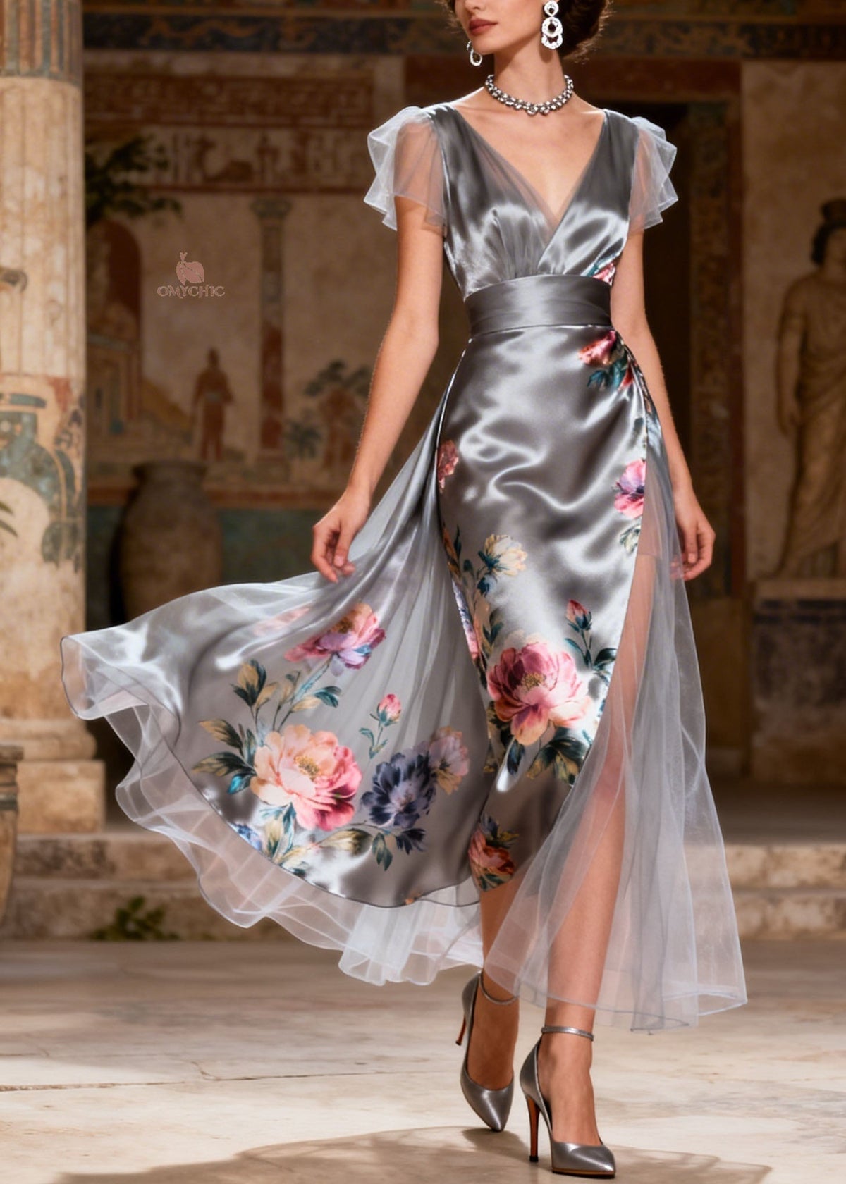 Satin Floral Print Deep V-Neck Flutter Sleeve Midi Dress - View 5