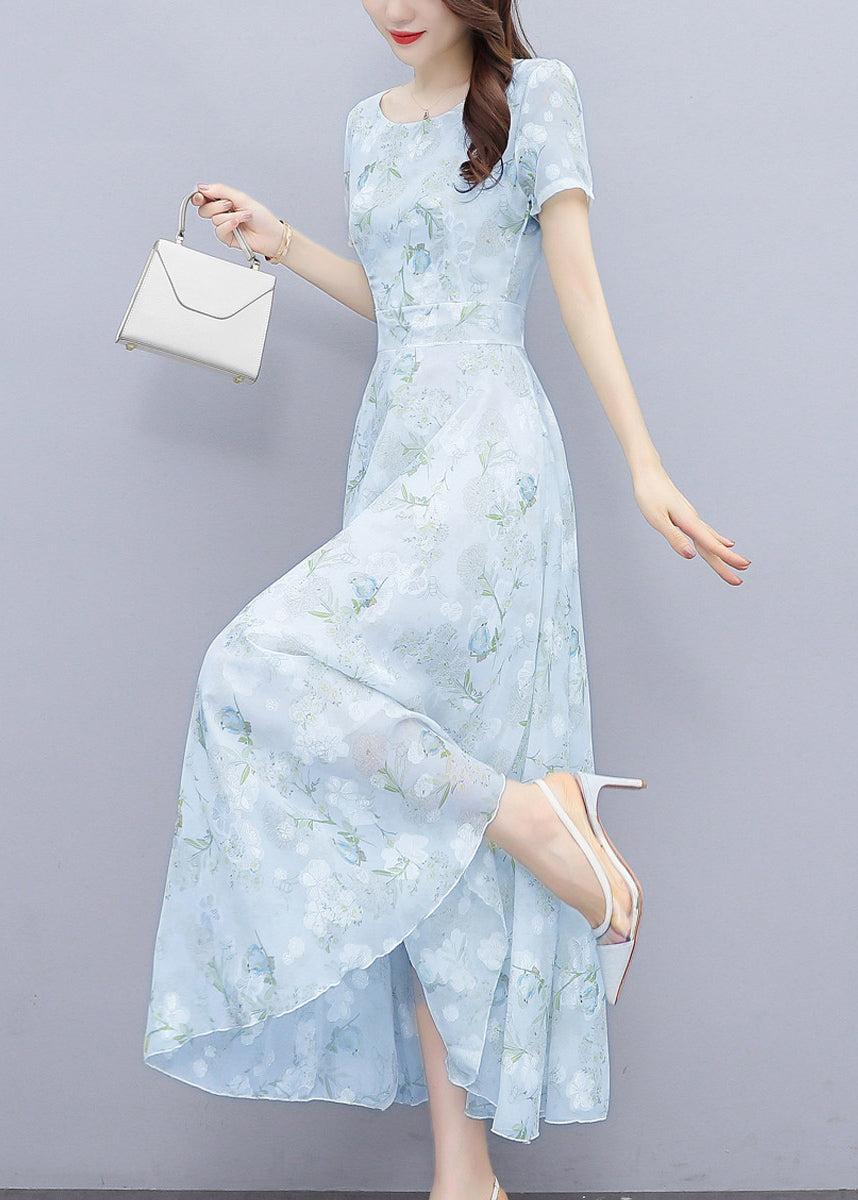 Floral Print Scoop Neck Cinched Waist Short Sleeve Chiffon Maxi Dress