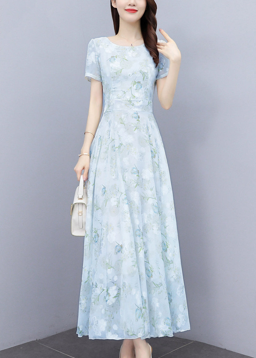 Floral Print Scoop Neck Cinched Waist Short Sleeve Chiffon Maxi Dress - View 2