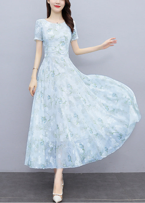 Floral Print Scoop Neck Cinched Waist Short Sleeve Chiffon Maxi Dress - View 3