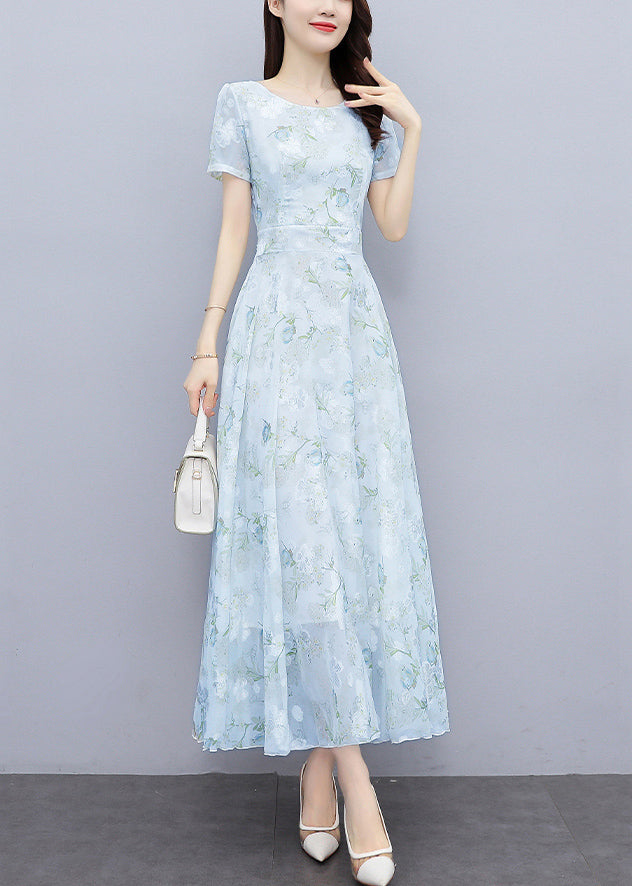 Floral Print Scoop Neck Cinched Waist Short Sleeve Chiffon Maxi Dress - View 4