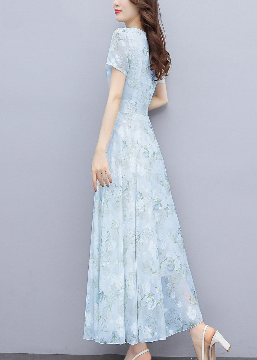Floral Print Scoop Neck Cinched Waist Short Sleeve Chiffon Maxi Dress - View 5