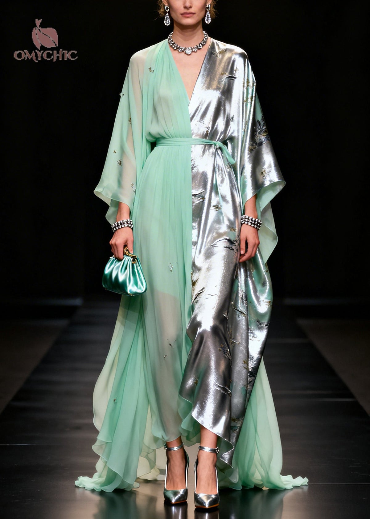 Chiffon Satin Floral Print Split Panel Kaftan Sleeve Maxi Gown