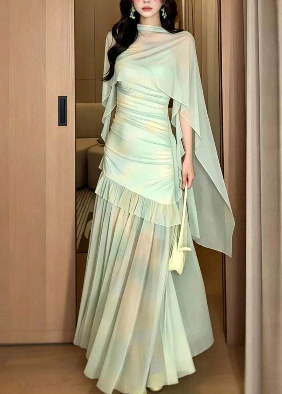Women Light Green Print Tulle Maxi Dress And Cape Two Piece Set Summer - View 4