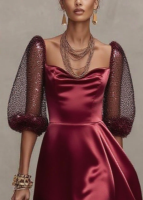 Satin Scoop Neck Mesh Puff Sleeve Glitter Ruffle Hem A-Line Midi Dress - View 2