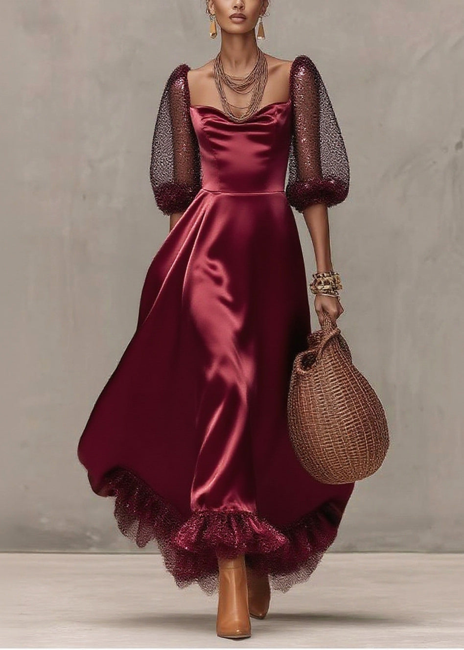 Satin Scoop Neck Mesh Puff Sleeve Glitter Ruffle Hem A-Line Midi Dress - View 3
