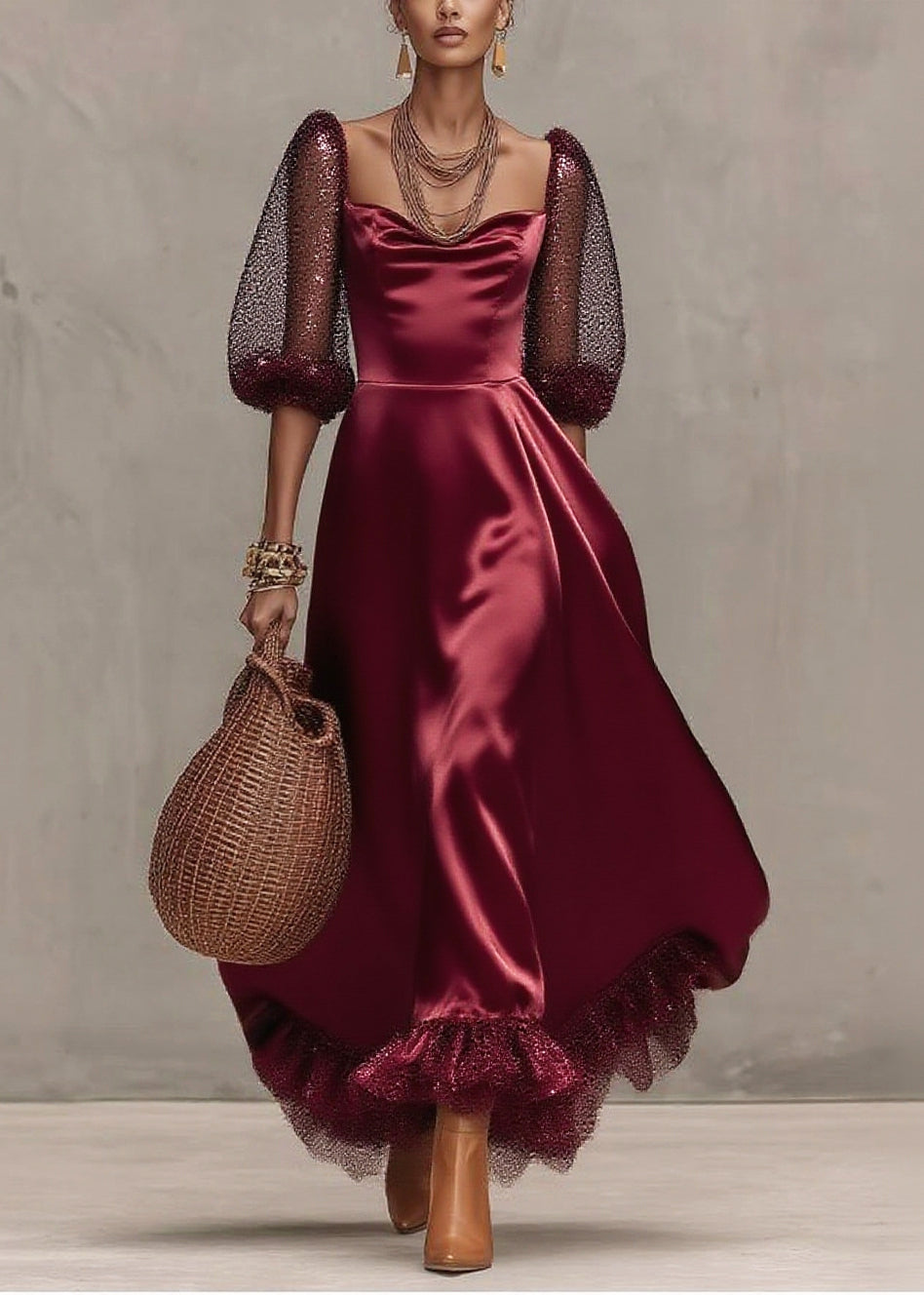 Satin Scoop Neck Mesh Puff Sleeve Glitter Ruffle Hem A-Line Midi Dress - View 5