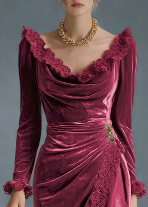 Velvet Cowl Neck Long Sleeve Lace Trim Ruched Wrap Midi Party Dress - View 2