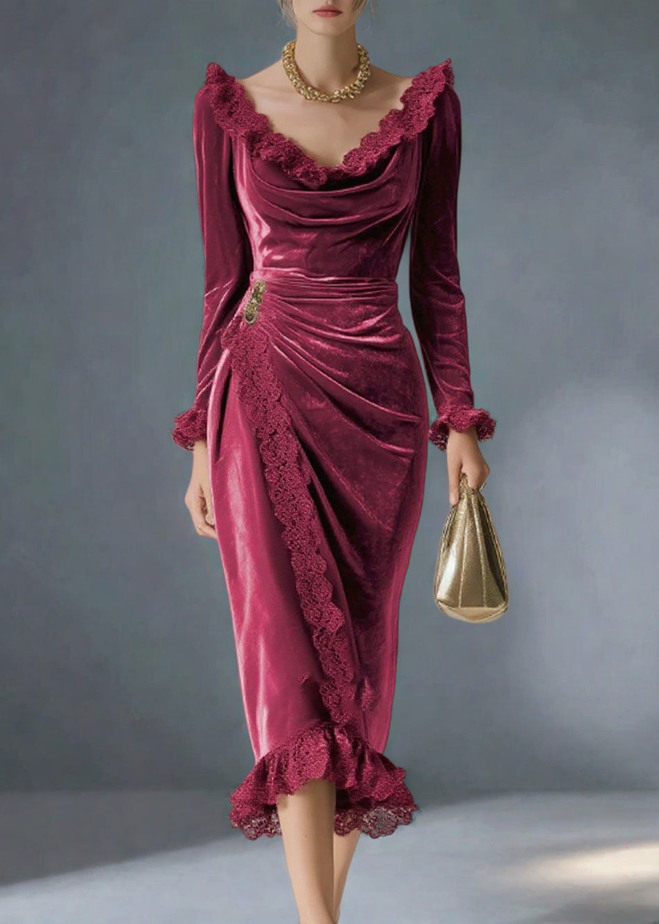 Velvet Cowl Neck Long Sleeve Lace Trim Ruched Wrap Midi Party Dress - View 3