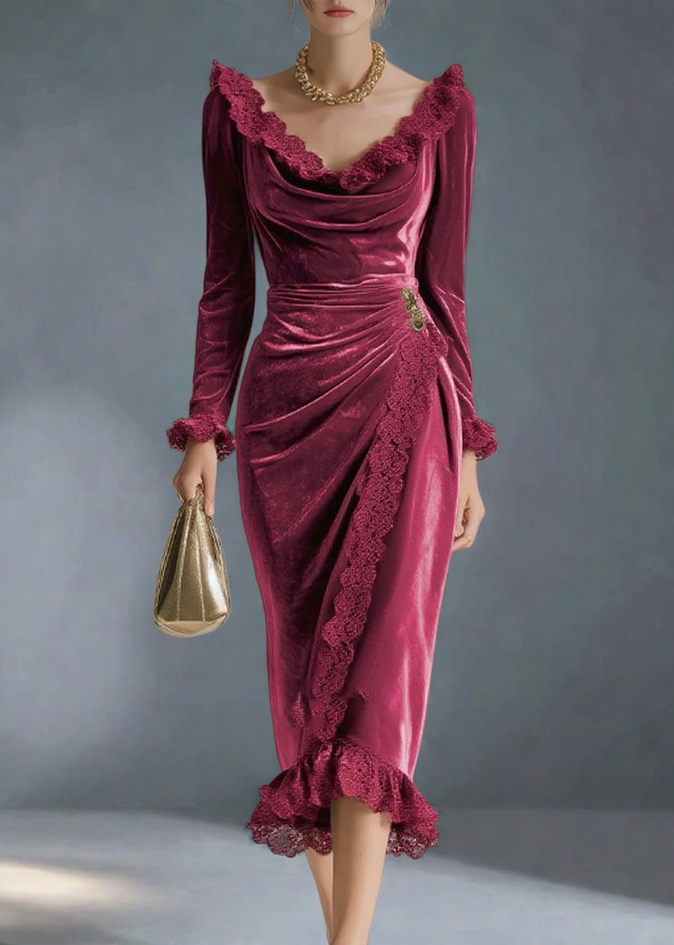 Velvet Cowl Neck Long Sleeve Lace Trim Ruched Wrap Midi Party Dress - View 5