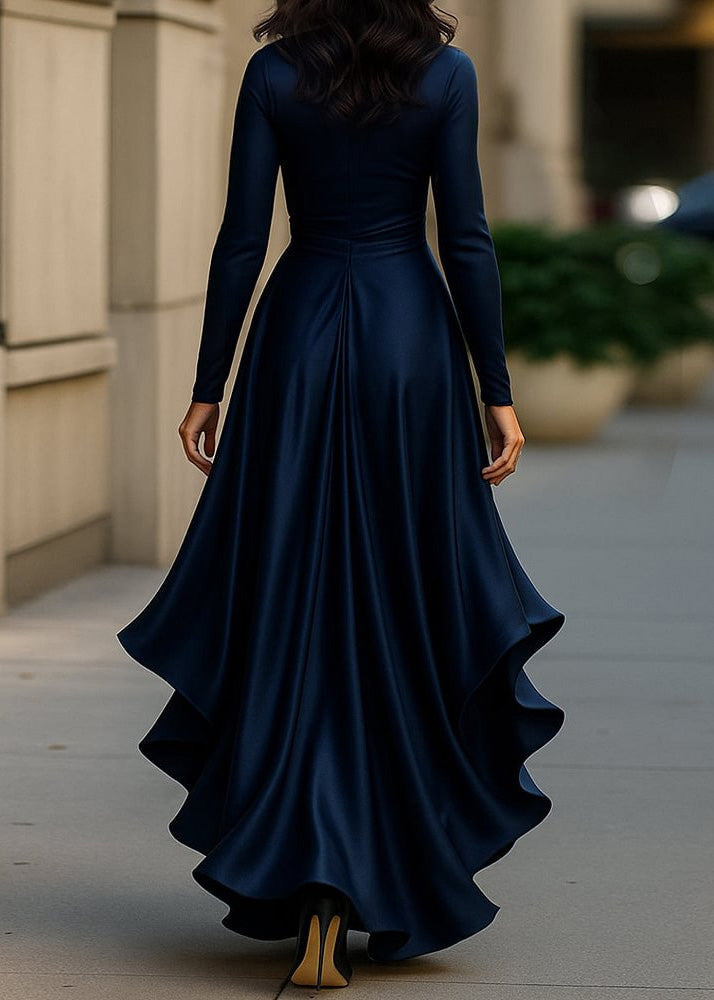 Satin Long Sleeve Ruffle Cascade High Low Maxi Gown