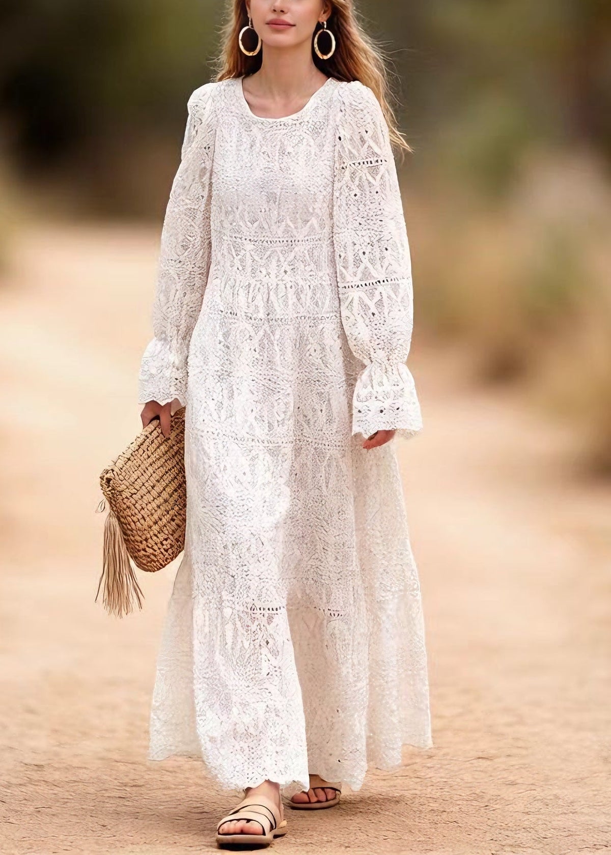 Lace Eyelet Round Neck Puff Sleeve Tiered Ruffle Maxi Dress