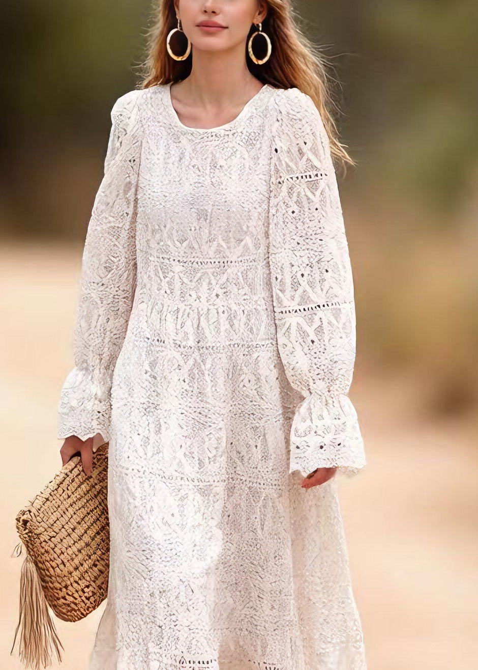 Lace Eyelet Round Neck Puff Sleeve Tiered Ruffle Maxi Dress - View 2