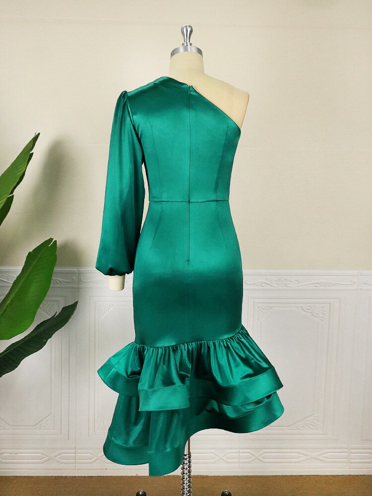 Satin One Shoulder Long Sleeve Ruched Tiered Ruffle Midi Dress - View 5