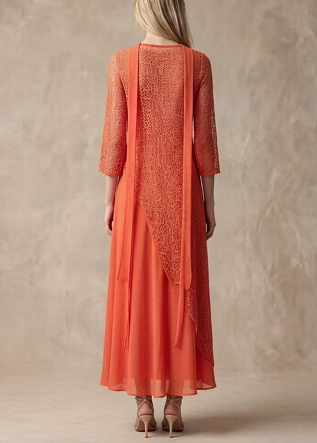 Lace Floral Round Neck Asymmetric Overlay Chiffon Maxi Dress - View 2