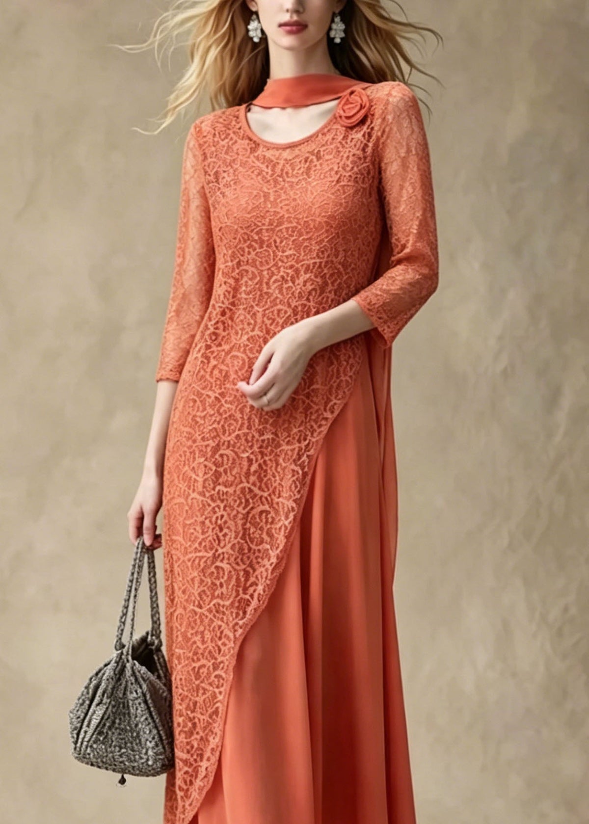 Lace Floral Round Neck Asymmetric Overlay Chiffon Maxi Dress - View 3