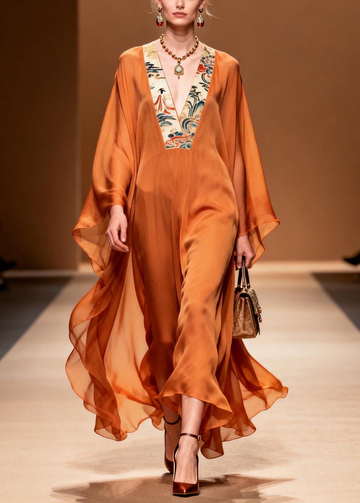 Deep V-Neck Batwing Sleeve Satin Chiffon Kaftan Maxi Dress - View 3