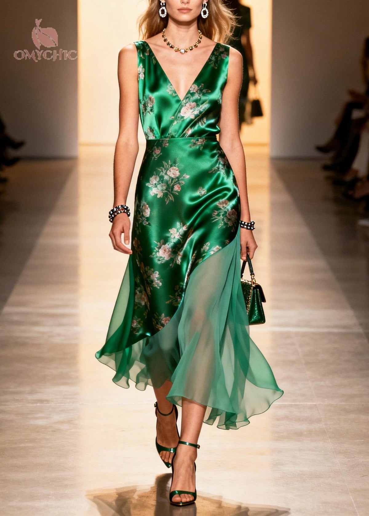 Satin Floral Print Deep V-Neck Sleeveless Asymmetric Midi Dress