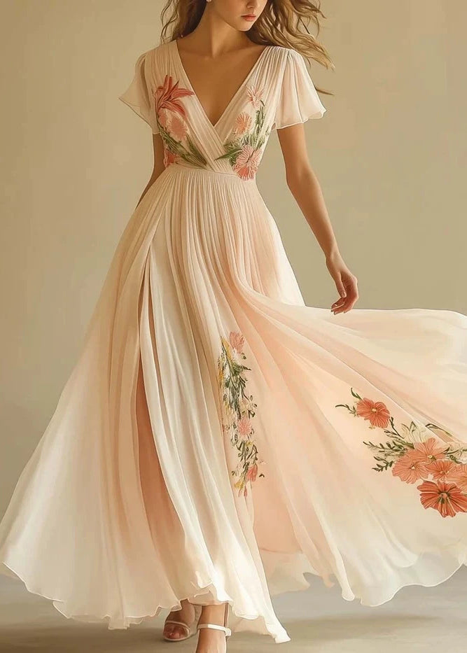 Chiffon Floral Embroidery Deep V-Neck Flutter Sleeve Maxi Gown