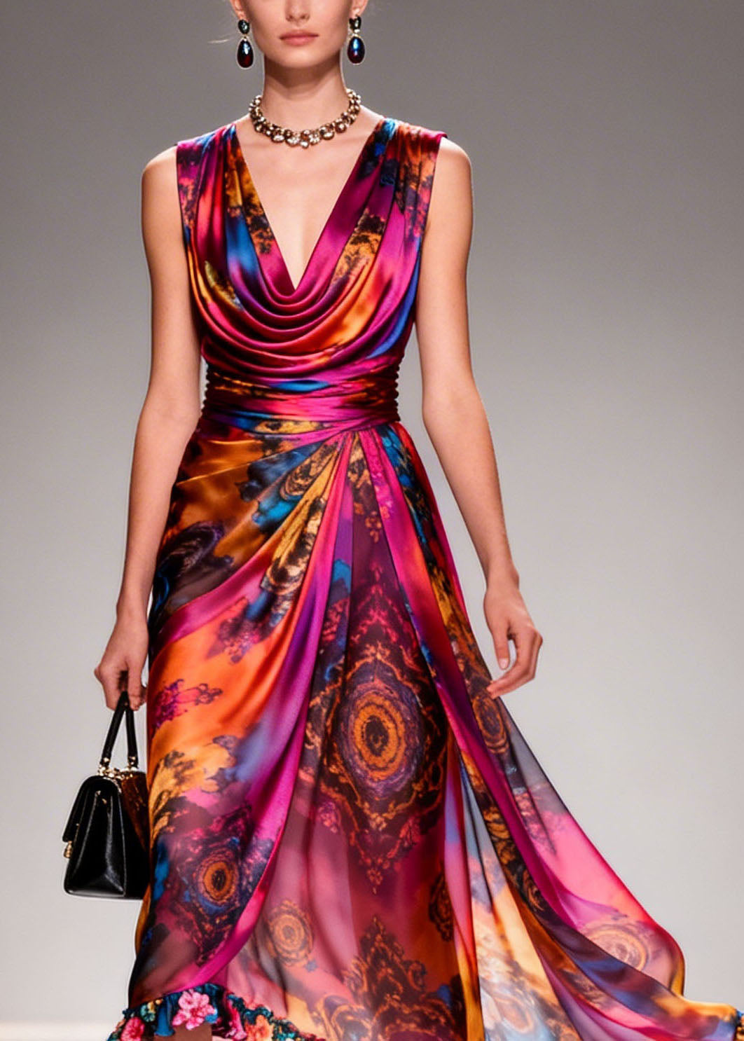 Women Print Ruffled Floral Patchwork Chiffon Dresses Sleeveless - View 2