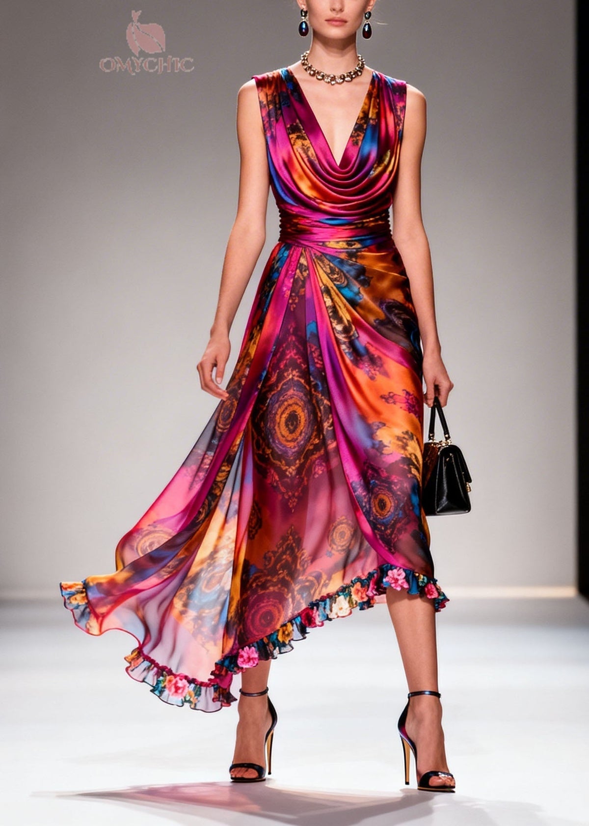 Women Print Ruffled Floral Patchwork Chiffon Dresses Sleeveless - View 3