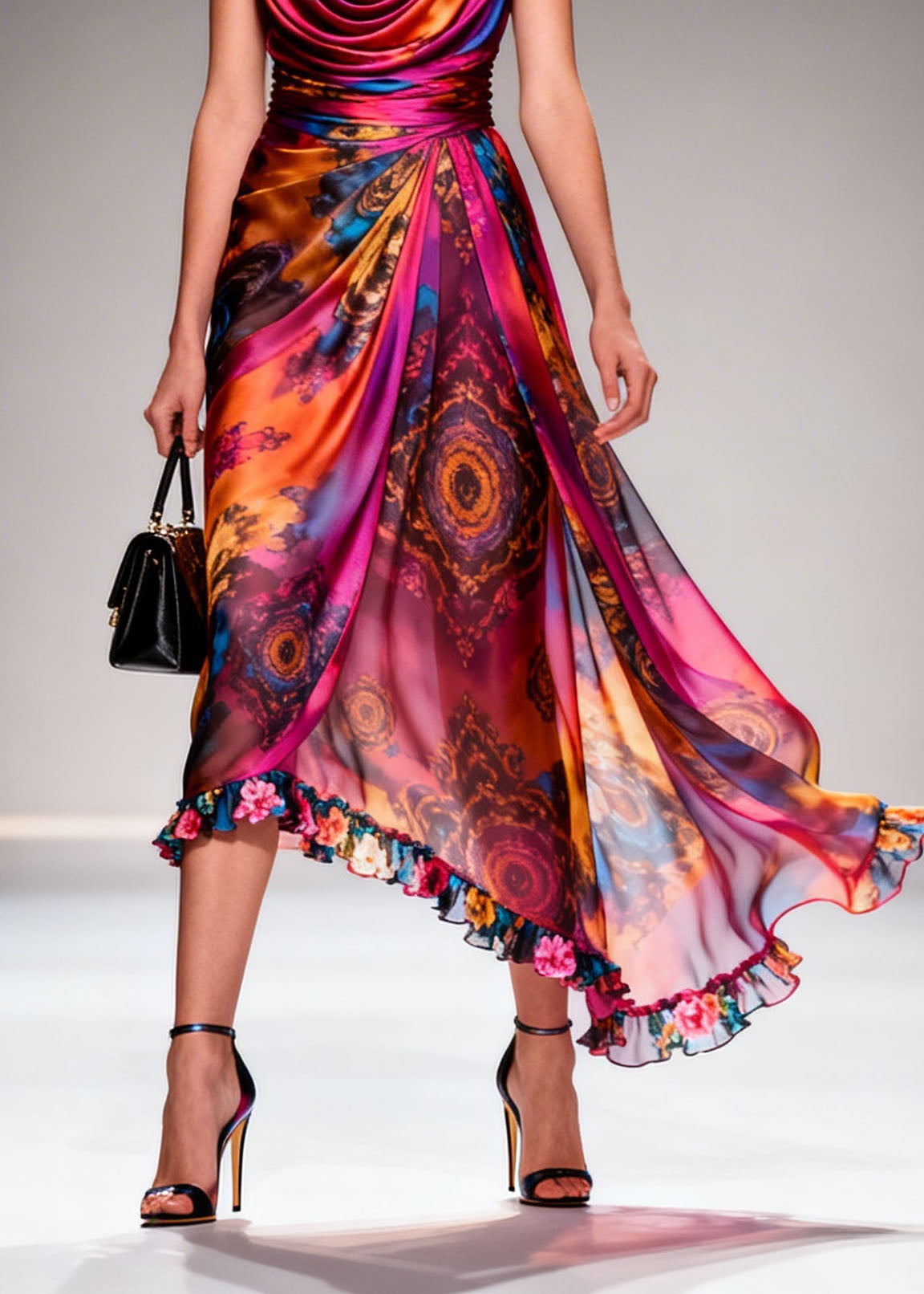Women Print Ruffled Floral Patchwork Chiffon Dresses Sleeveless - View 4