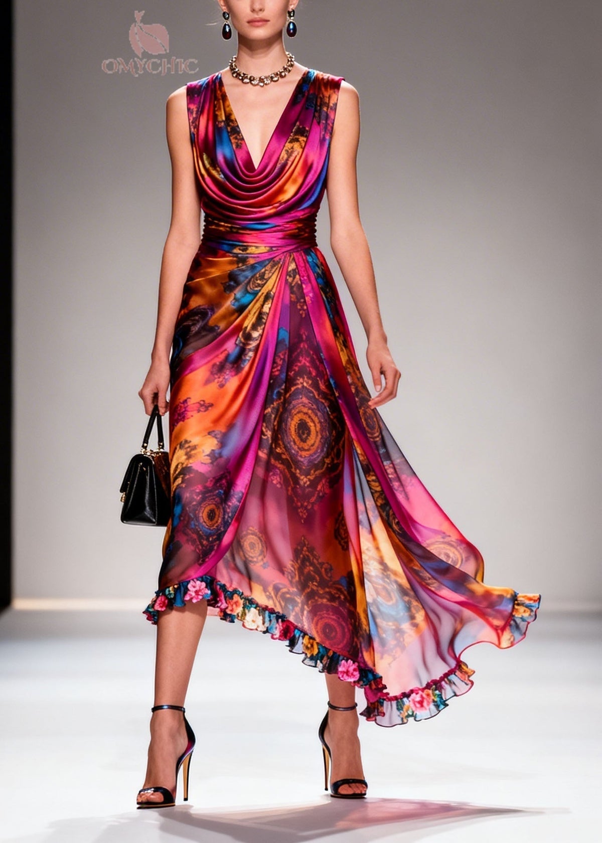 Women Print Ruffled Floral Patchwork Chiffon Dresses Sleeveless - View 5