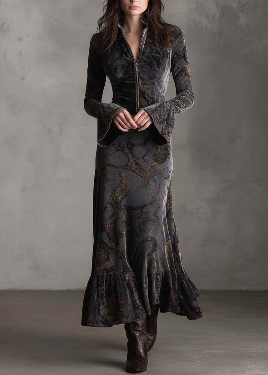 Women Print Zip Up Ruffled Patchwork Velvet Long Dresses Fall - View 2