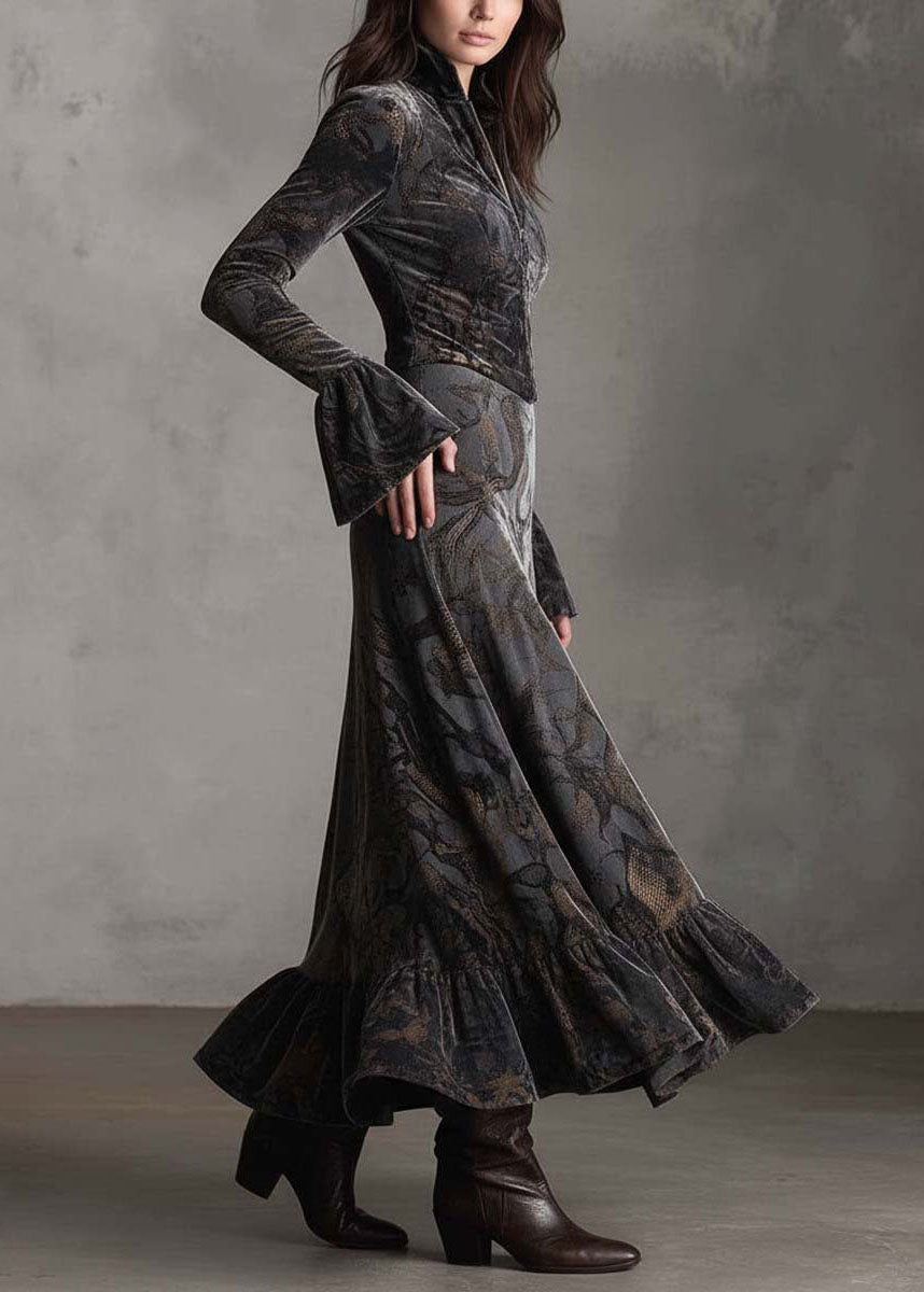 Women Print Zip Up Ruffled Patchwork Velvet Long Dresses Fall - View 3