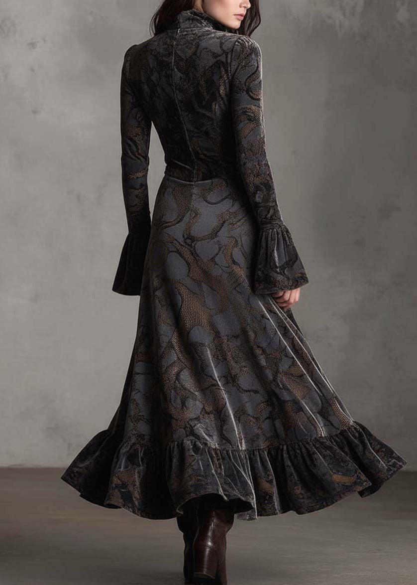 Women Print Zip Up Ruffled Patchwork Velvet Long Dresses Fall - View 4