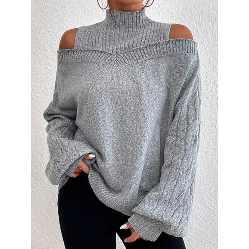 Off Shoulder Semi High Neck Knit Sweater