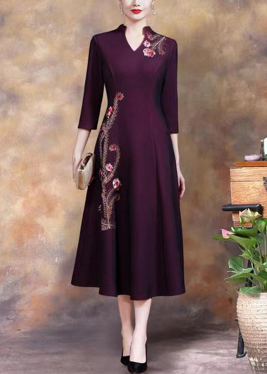 Floral Embroidery Mandarin Collar Three Quarter A-Line Midi Dress