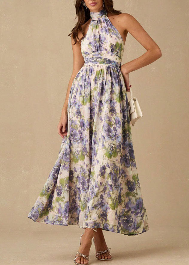 Halter Neck Pleated Cinched Waist A-Line Maxi Dress
