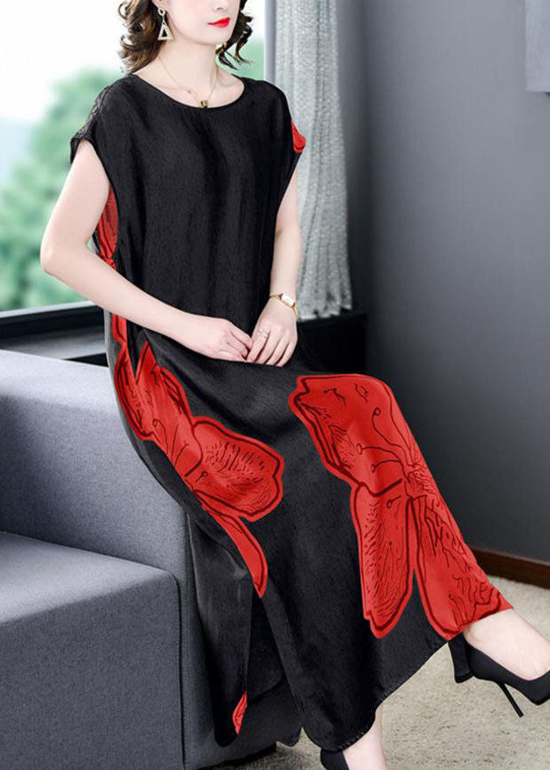 Floral Print Short Sleeve Round Neck Side Slit Satin Maxi Dress