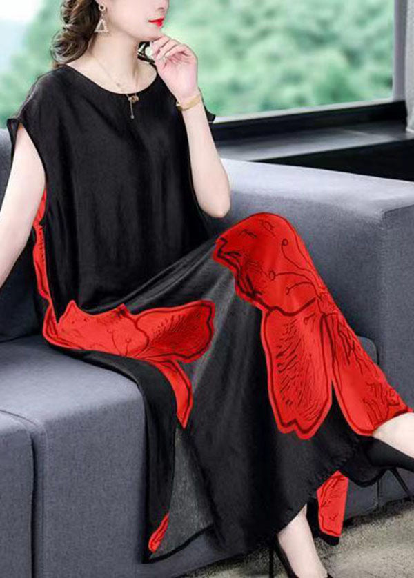Floral Print Short Sleeve Round Neck Side Slit Satin Maxi Dress - View 2
