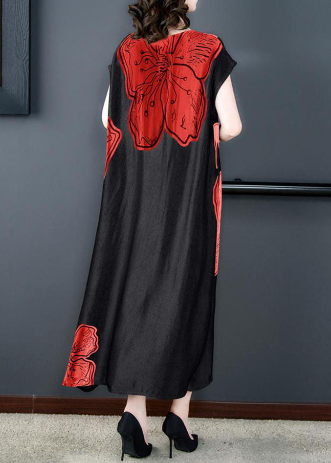 Floral Print Short Sleeve Round Neck Side Slit Satin Maxi Dress - View 4