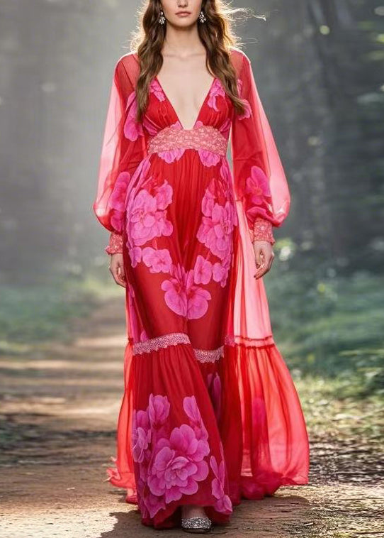 Floral Print Deep V-Neck Long Puff Sleeve Lace Trim Tiered Maxi Gown - View 3