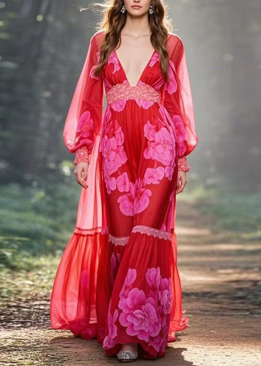 Floral Print Deep V-Neck Long Puff Sleeve Lace Trim Tiered Maxi Gown - View 5