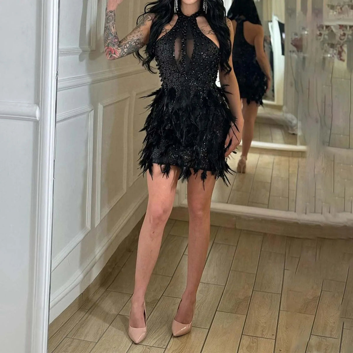 See Through Feather Bodycon Party Dress Black / S Partydress-241208