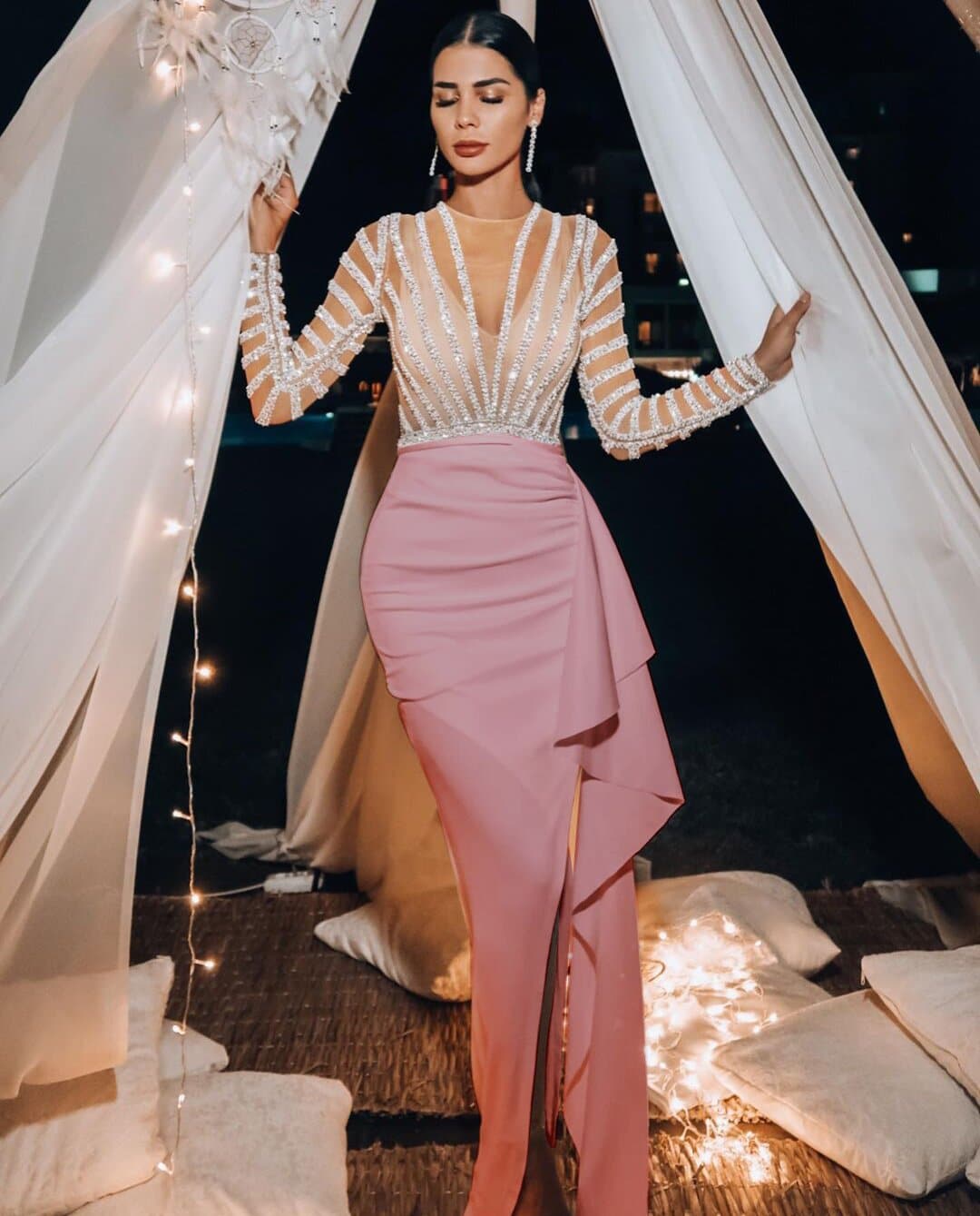 Deep V-Neck Long Sleeve Rhinestone Sheer Ruched Maxi Prom Dress