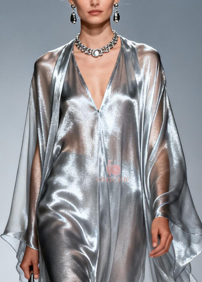 Women Silvery Oversized Draping Chiffon Maxi Dresses Summer - View 2