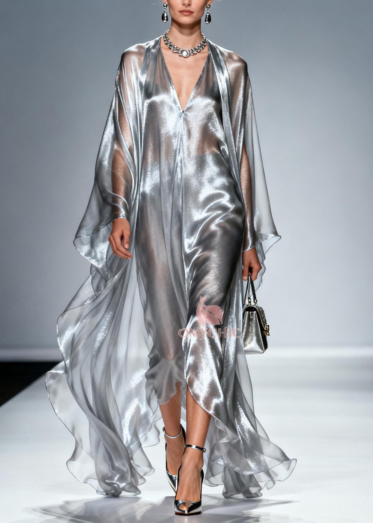 Women Silvery Oversized Draping Chiffon Maxi Dresses Summer - View 3