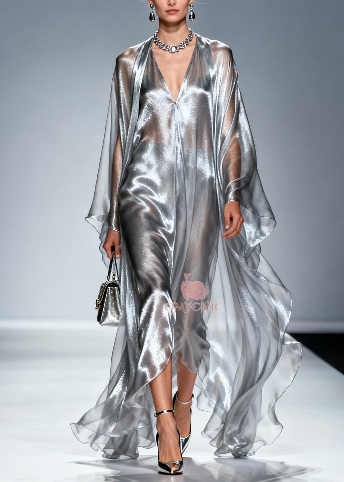 Women Silvery Oversized Draping Chiffon Maxi Dresses Summer - View 5