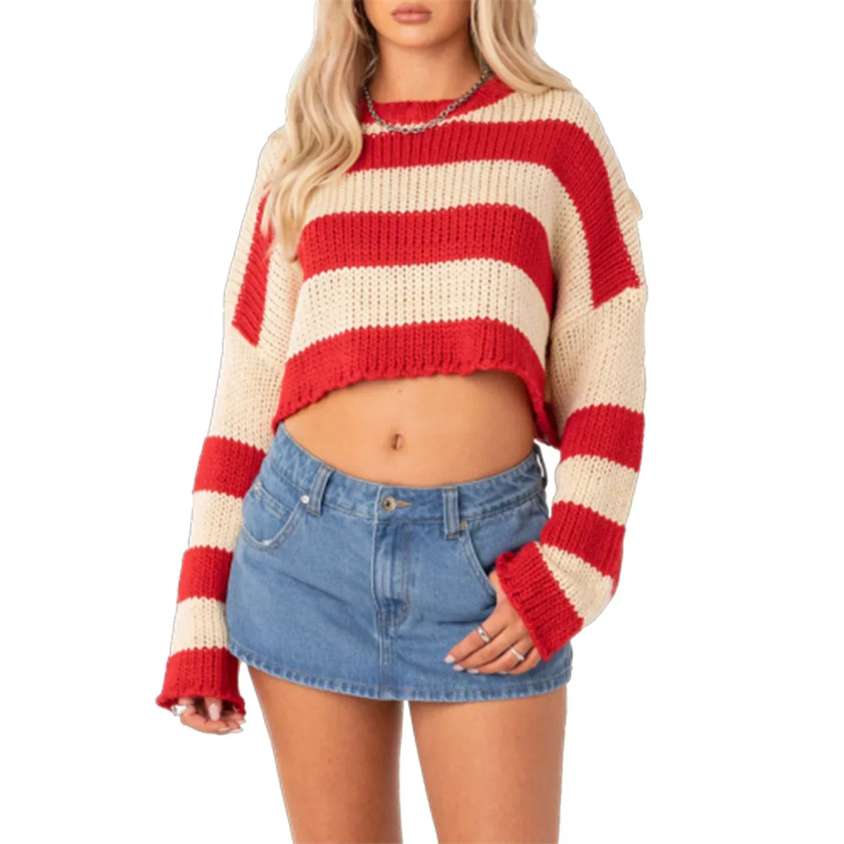 Striped Crew Neck Loose Sweater Red / S