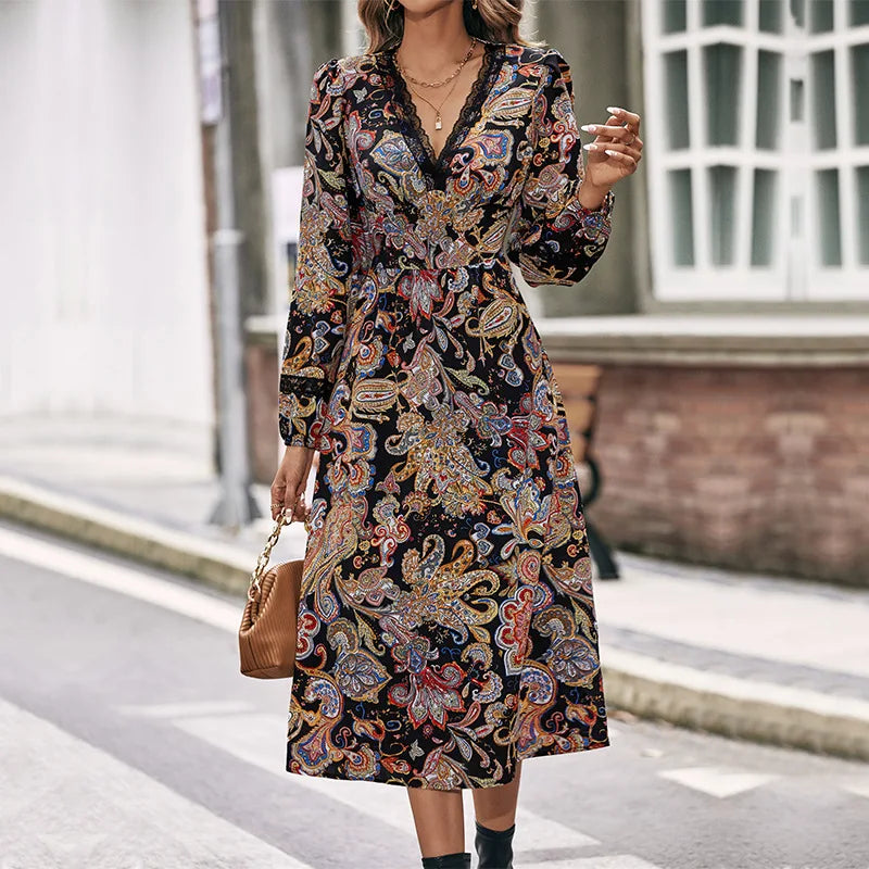 V-Neck Long Sleeve Lace Trim Paisley Print A-Line Midi Dress 2