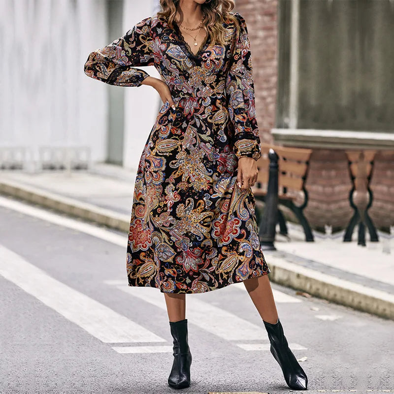 V-Neck Long Sleeve Lace Trim Paisley Print A-Line Midi Dress 6