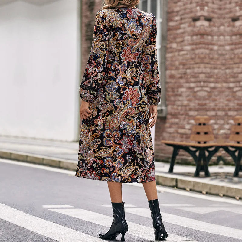 V-Neck Long Sleeve Lace Trim Paisley Print A-Line Midi Dress 4